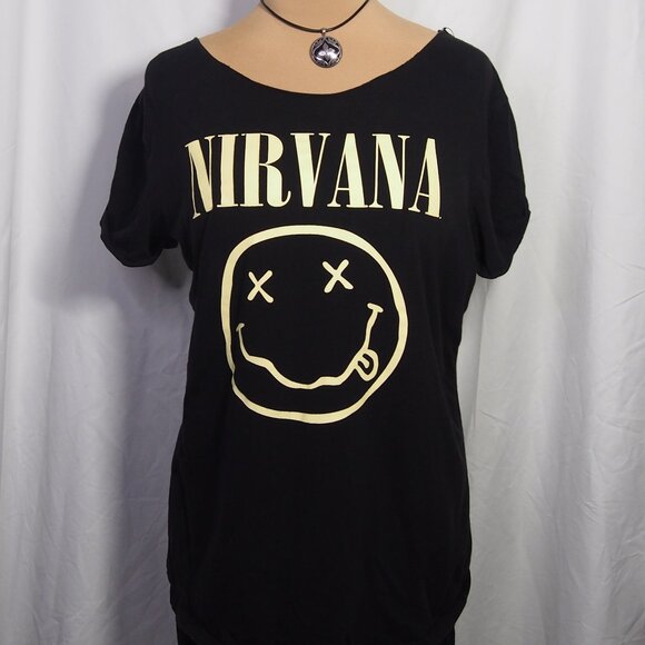 Nirvana Black/ Yellow Smiley Band Logo Rolled Collar T-Shirt Size L - Picture 1 of 15